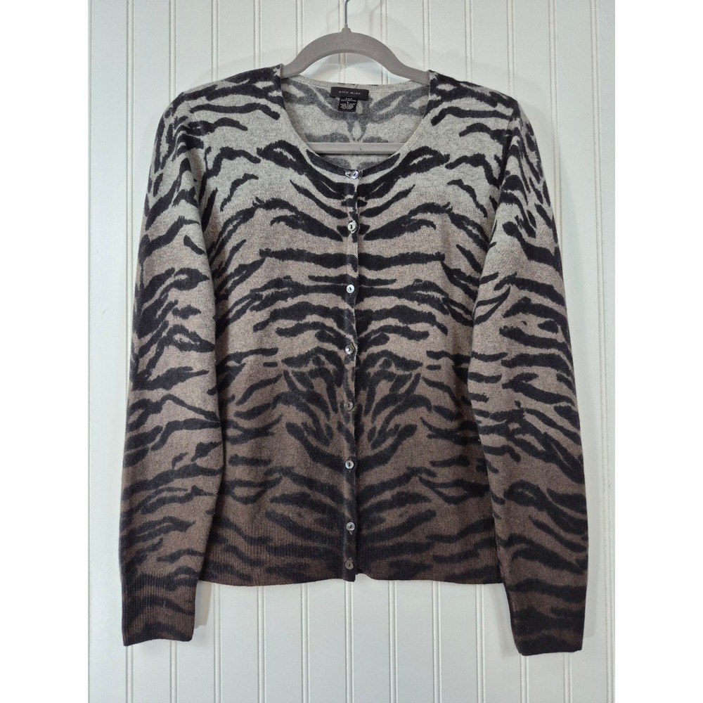 Only Mine 100% Cashmere Cardigan Sweater Large Grey Brown Tiger Print Ombre
